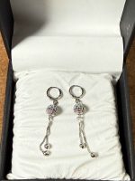 Silver Crystal Ball Tassel Drop Hoop Earrings